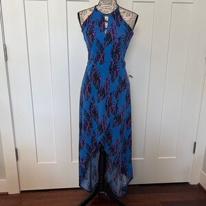 Candie's Blue Halter High-Low Dress with Pink & Black Leaf Print